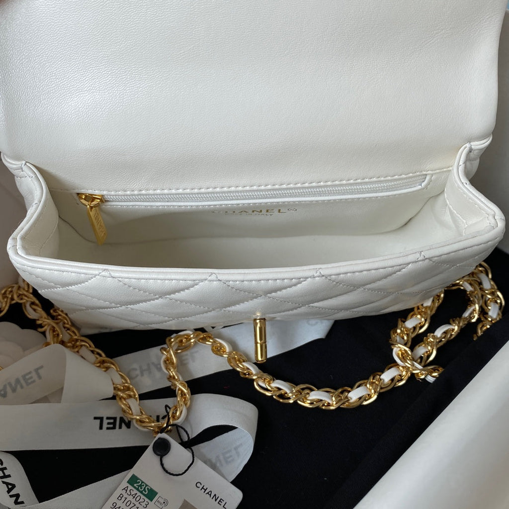 Chanel Flap Bag Gold Top Handle White - 13X21X8cm