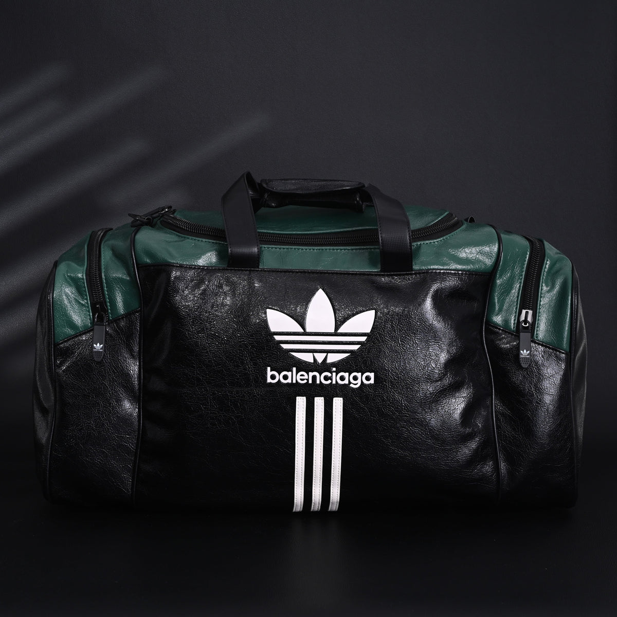 Balenciaga x adidas Large Duffel Travel Bag – Black & Green with Trefoil Logo and Triple Stripes