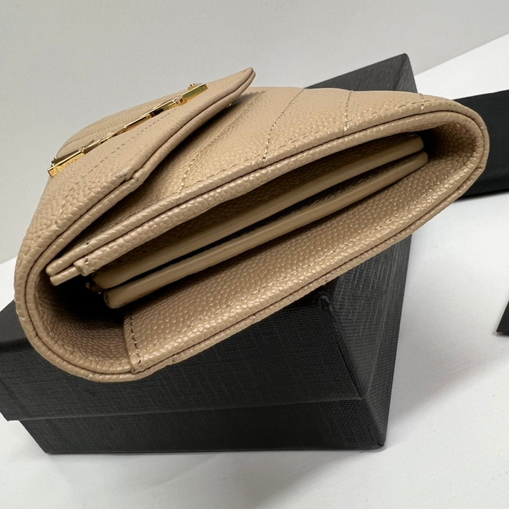 YSL Long Wallet Beige Leather Gold Tone 10772  19cm