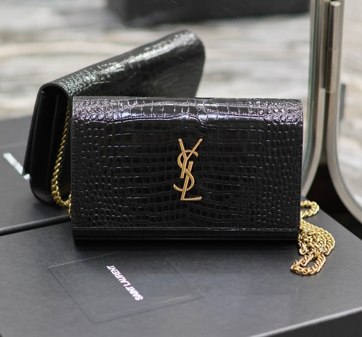 YSL Kate Croc Embossed BLack Gold Hardware - 23x14x3cm