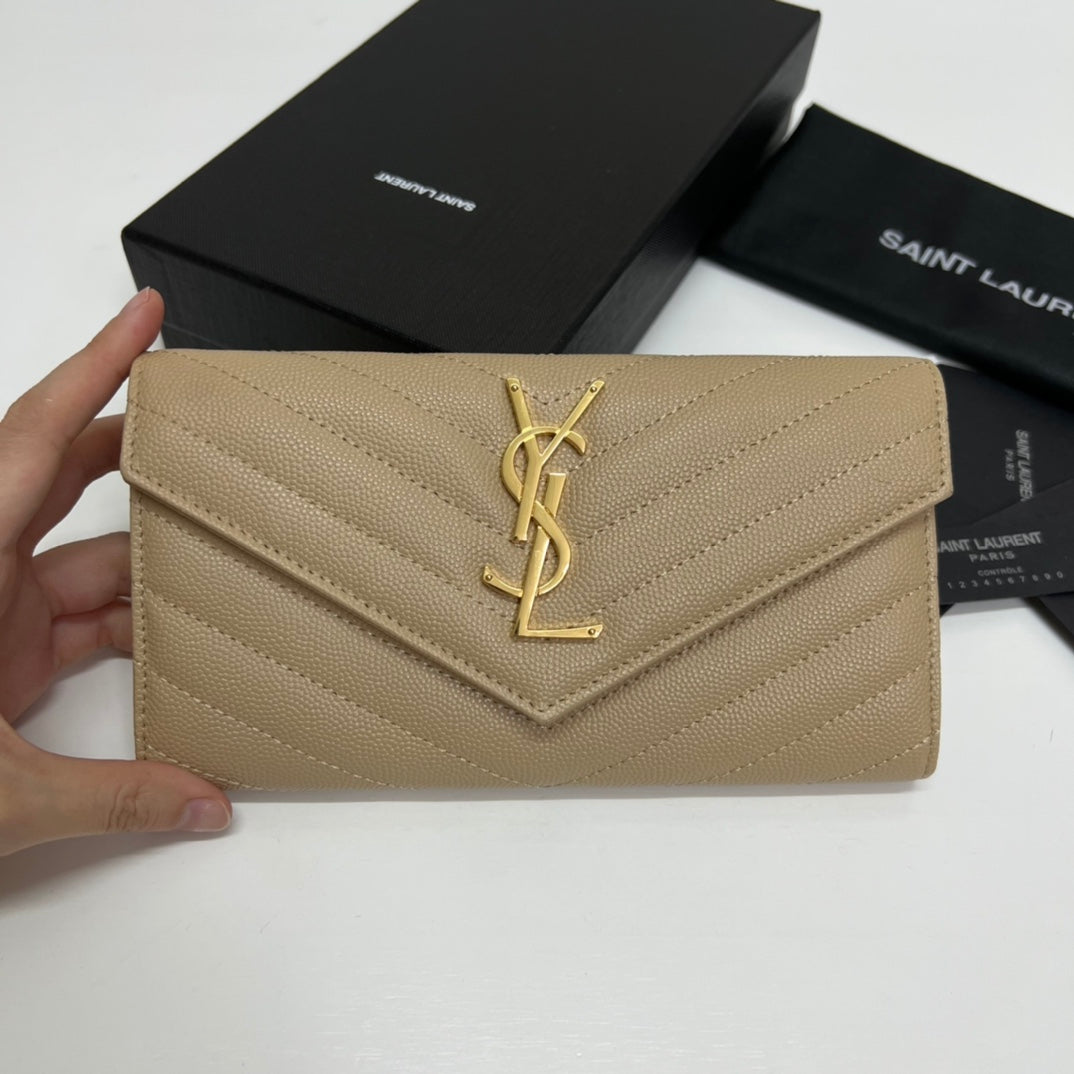 YSL Long Wallet Beige Leather Gold Tone 10772  19cm