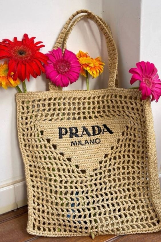 Prada Women's Natural Crochet Tote Bag-Khaki