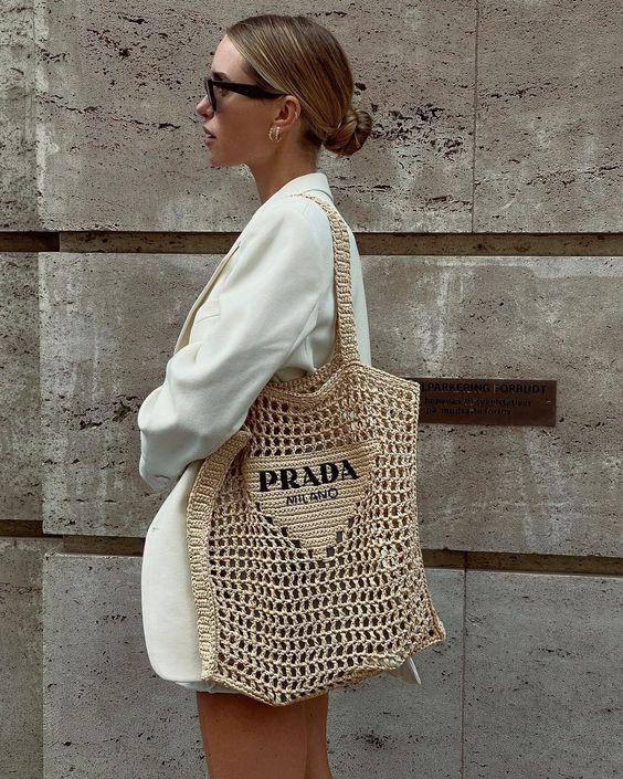 Prada Women's Natural Crochet Tote Bag-Khaki