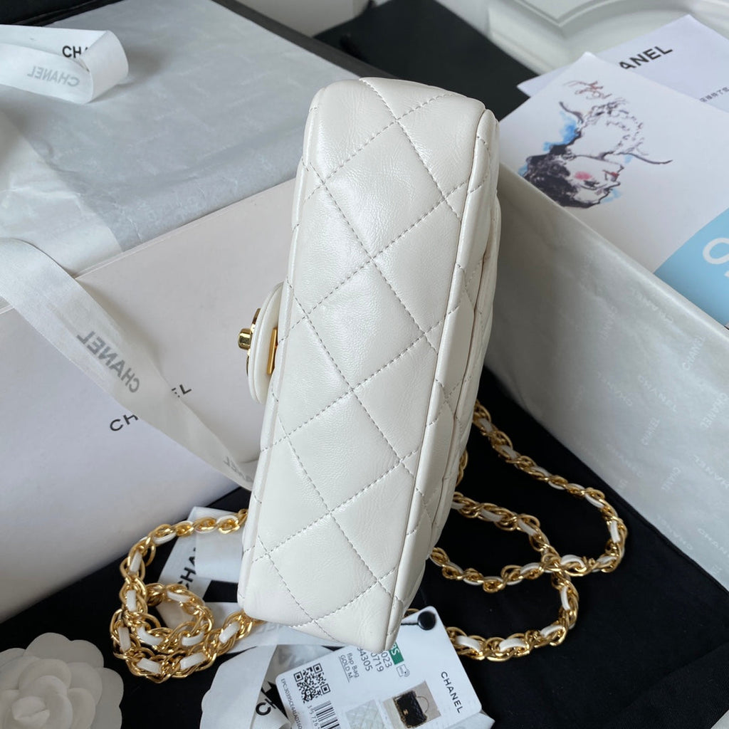 Chanel Flap Bag Gold Top Handle White - 13X21X8cm