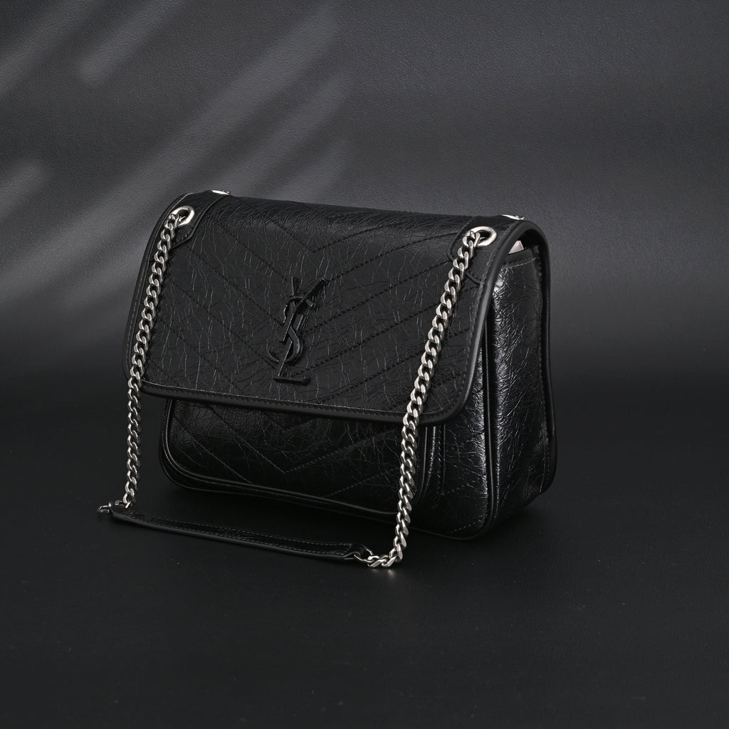 Saint Laurent Niki Medium Black Crinkled Leather Shoulder Bag