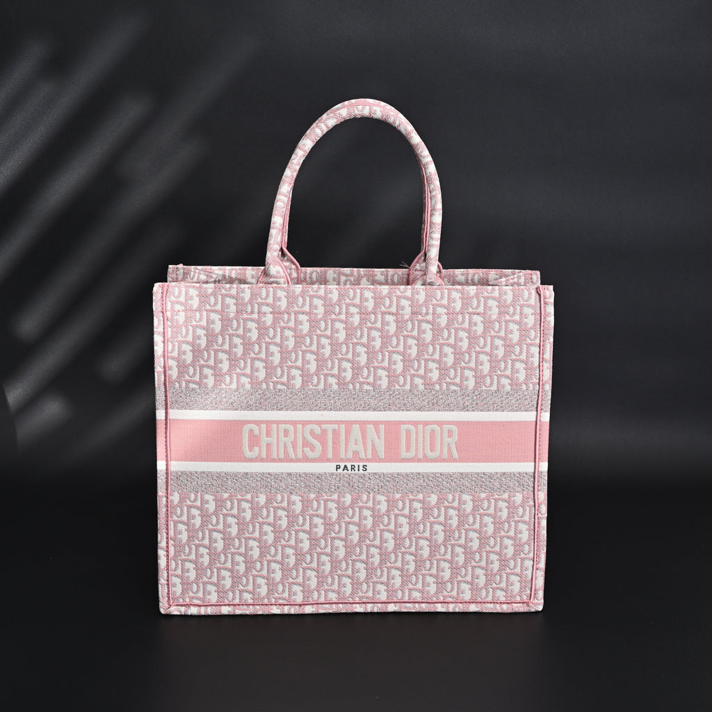 Dior Book Tote Oblique Embroidered Canvas Bag – Large Pink
