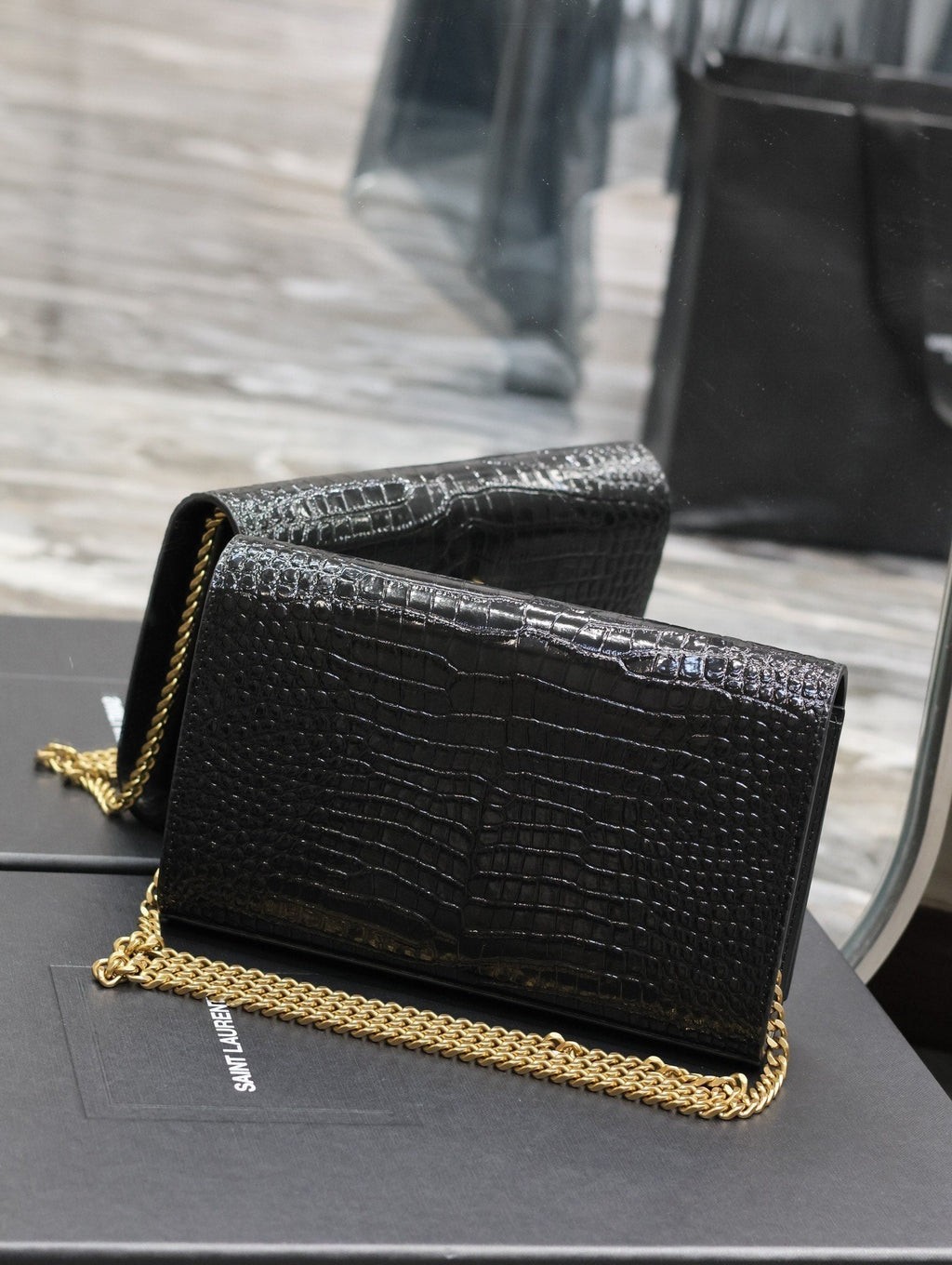 YSL Kate Croc Embossed BLack Gold Hardware - 23x14x3cm