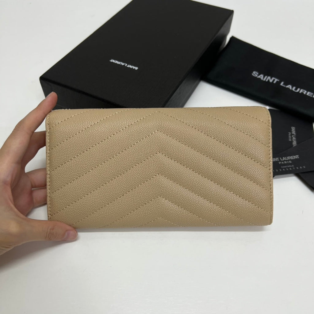 YSL Long Wallet Beige Leather Gold Tone 10772  19cm