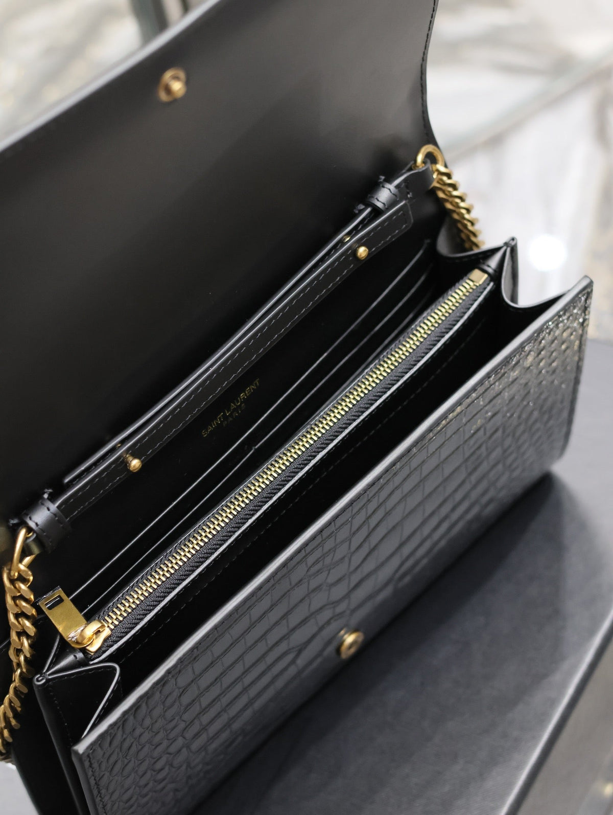 YSL Kate Croc Embossed BLack Gold Hardware - 23x14x3cm