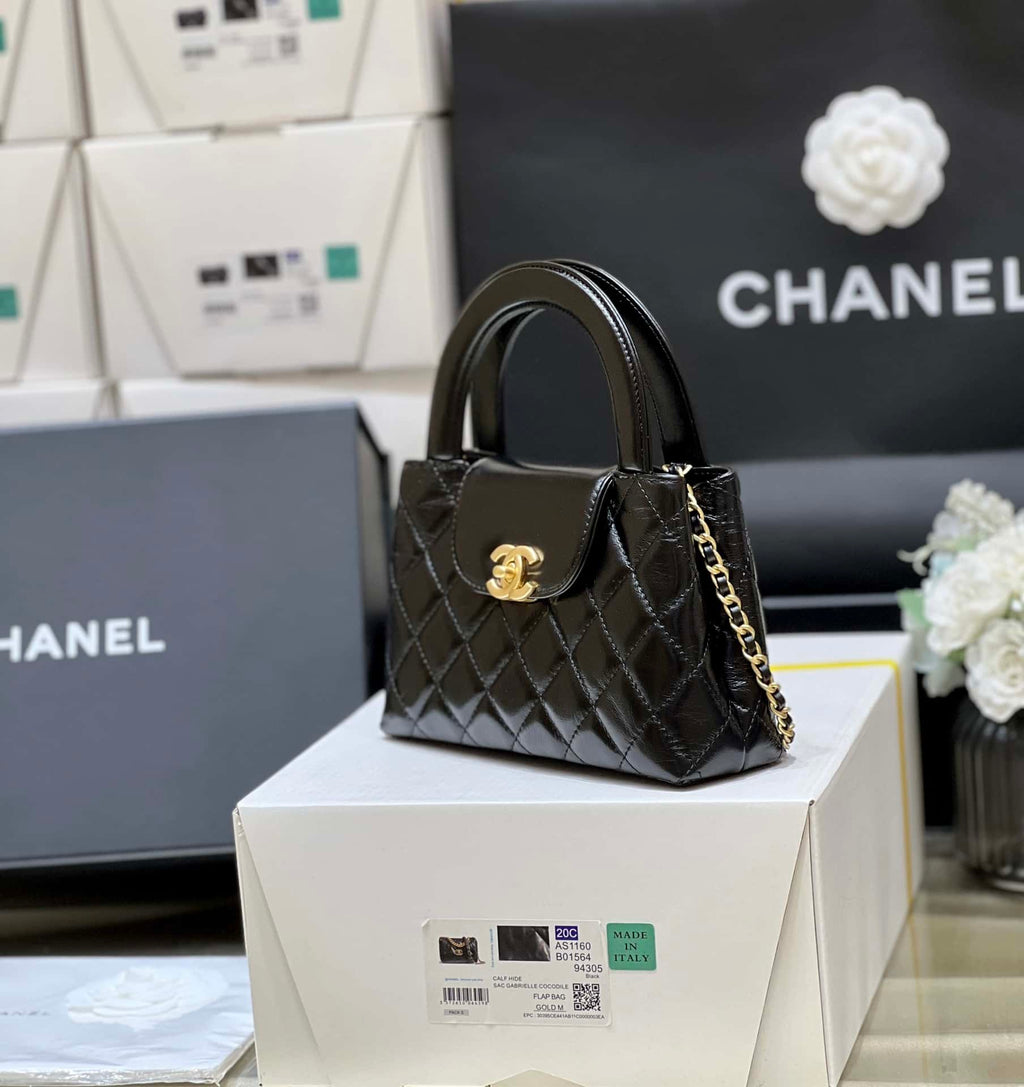 Chanel Kelly Mini Shopping Bag Mini 23K Shiny Aged Calfskin Black 13x19x7cm
